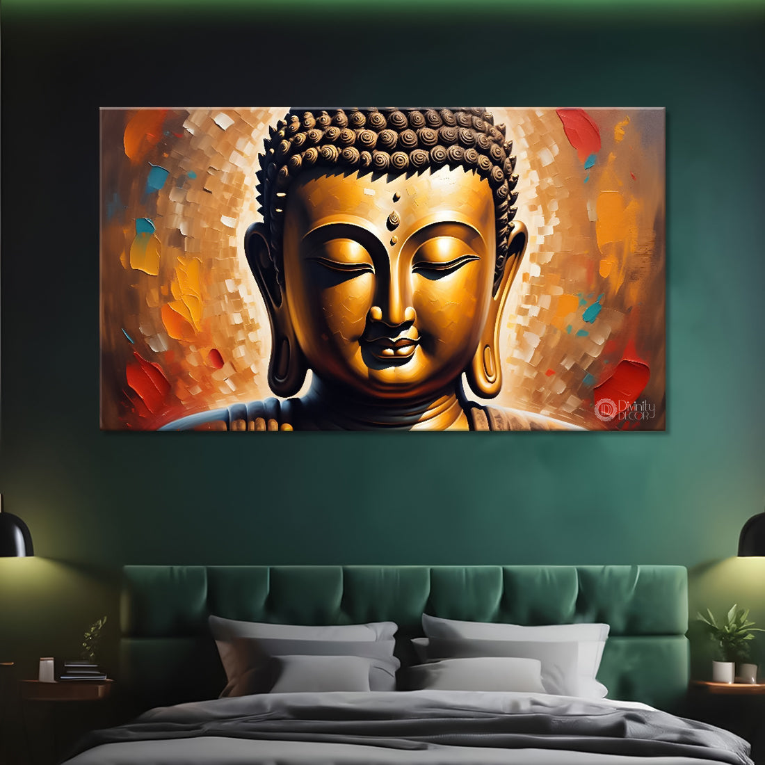 Golden buddha with  orange textured background painting Canvas Wall Painting - Buddha-385