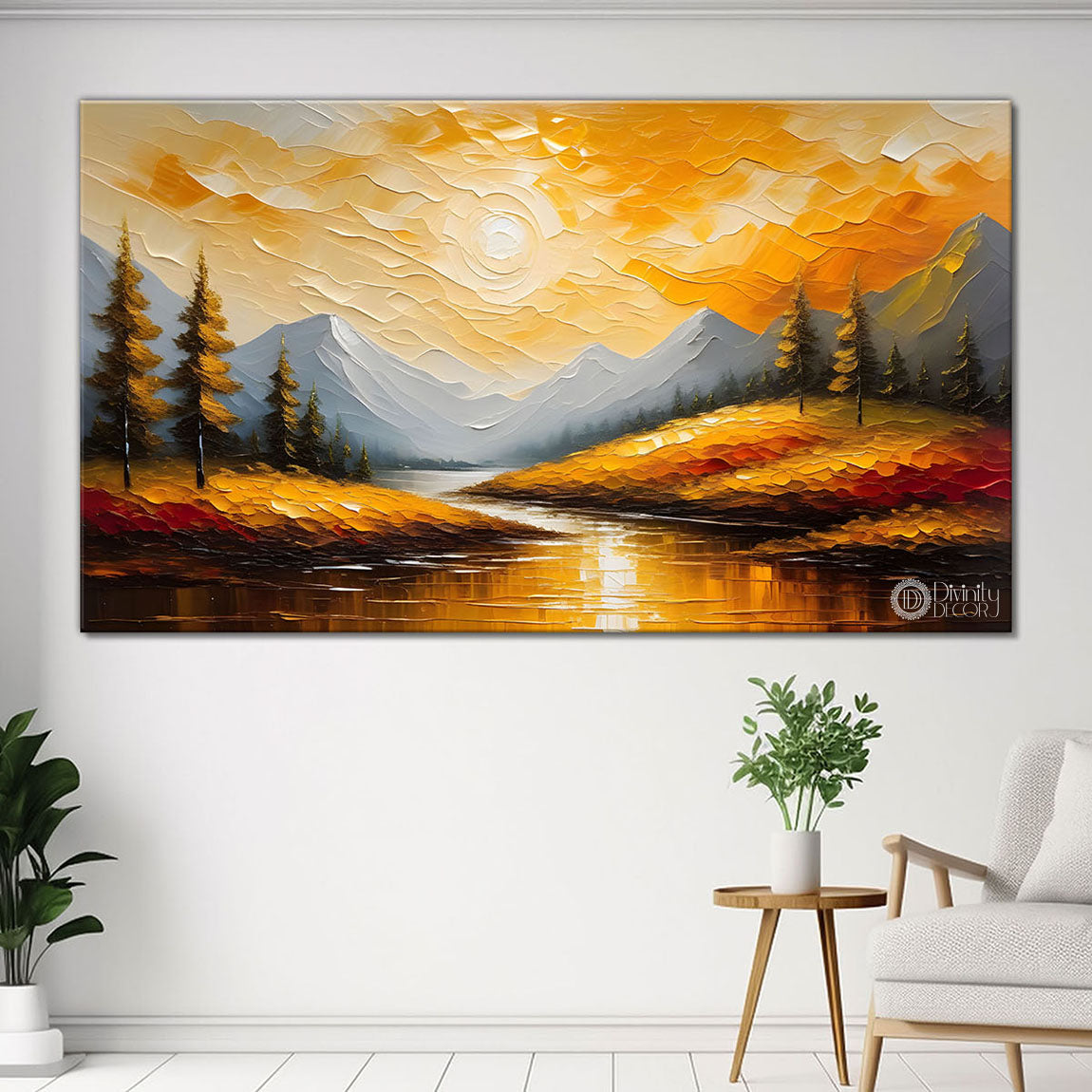 Mountains with tree and river painting Canvas Painting - Nature Art -385