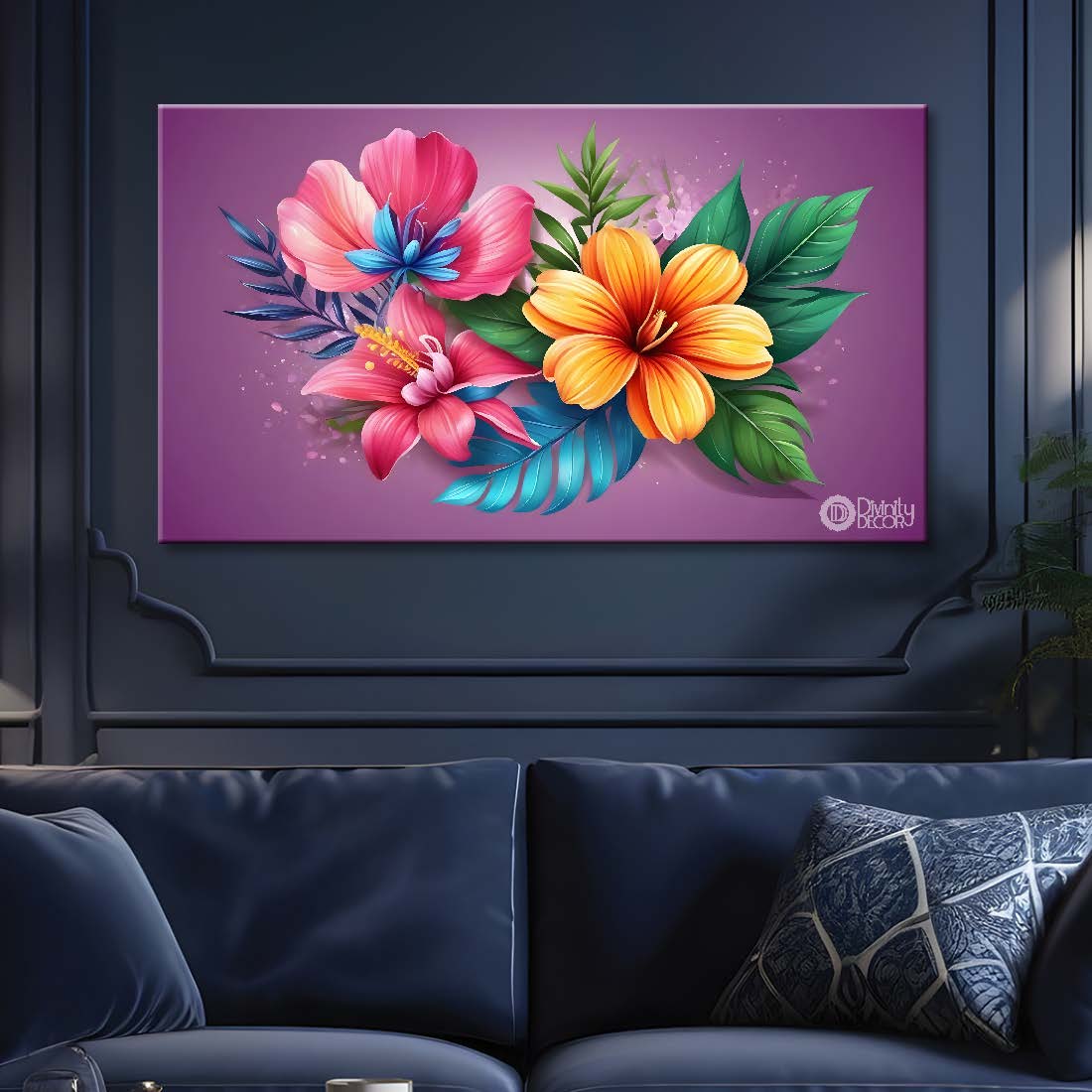 Yellow and pink flower in the pink background canvas painting- Flower-385