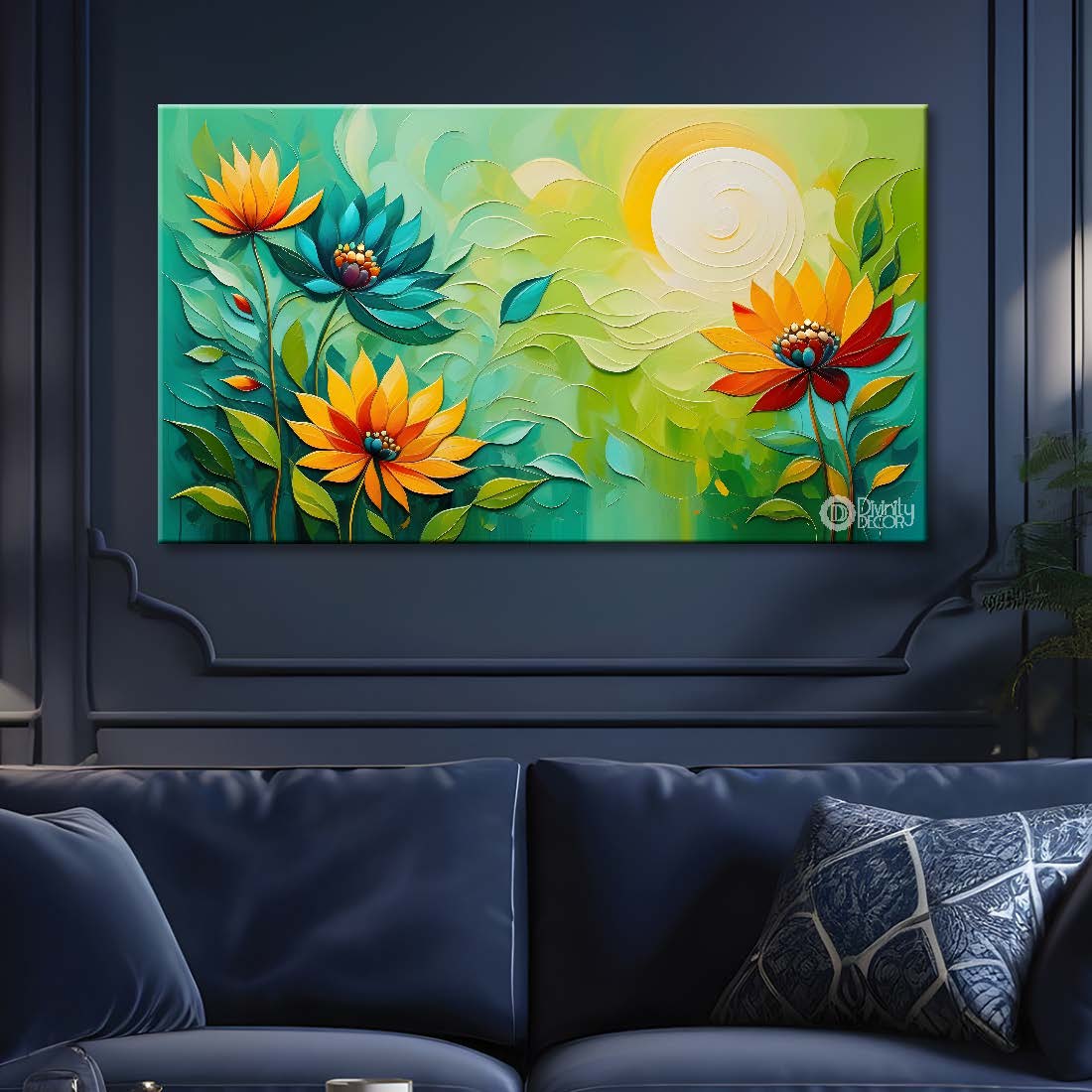 Yellow flowers in green background canvas painting- Flower-386