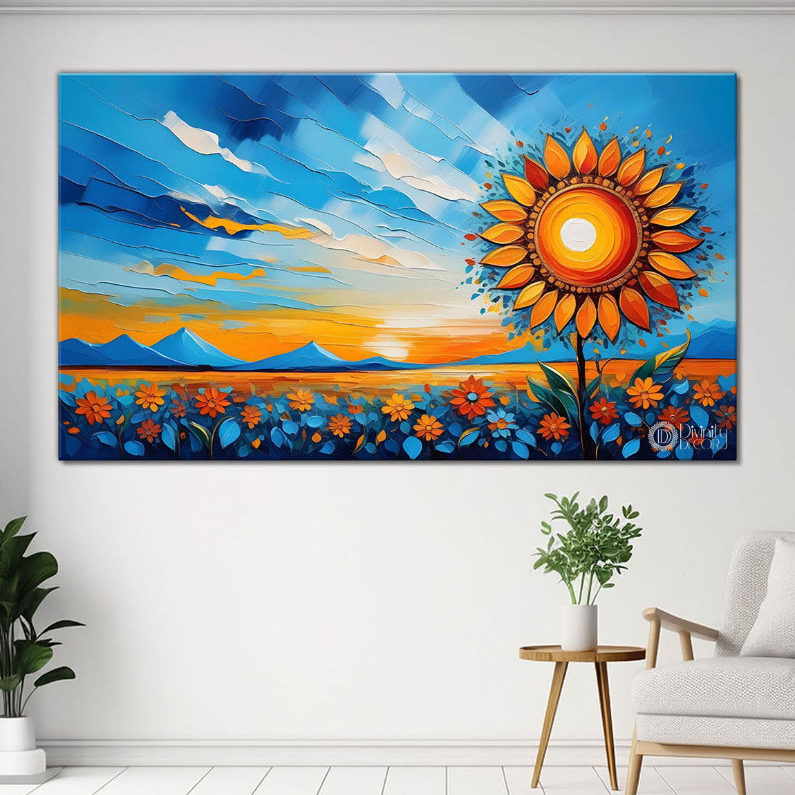 Mountains with flowers and sunset painting Canvas Painting - Nature Art -386