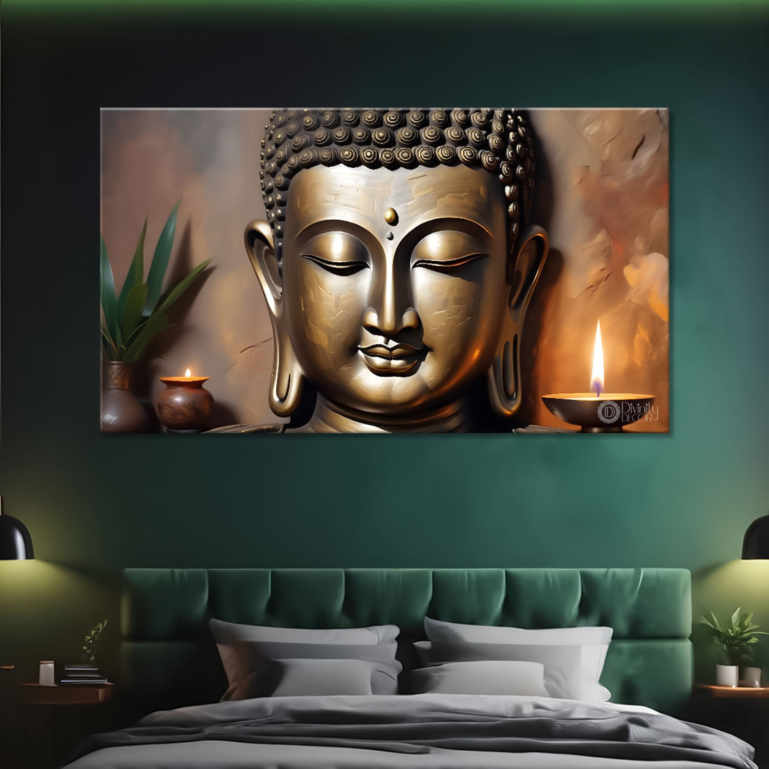 Golden buddha with brown and Diya textured background painting Canvas Wall Painting - Buddha-388