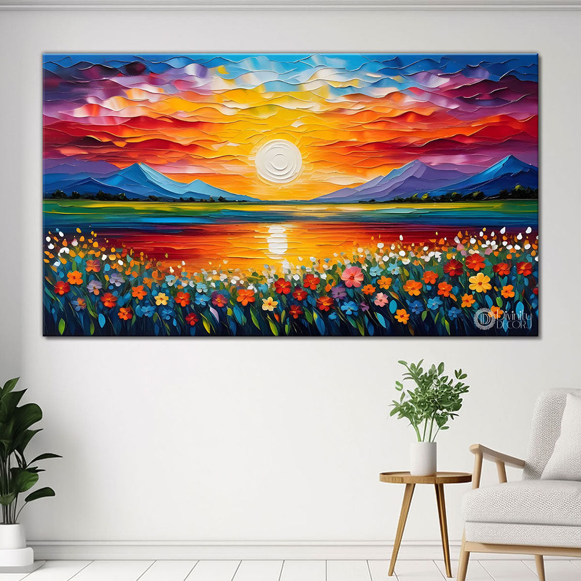 Mountains with flowers and sunset painting Canvas Painting - Nature Art -388