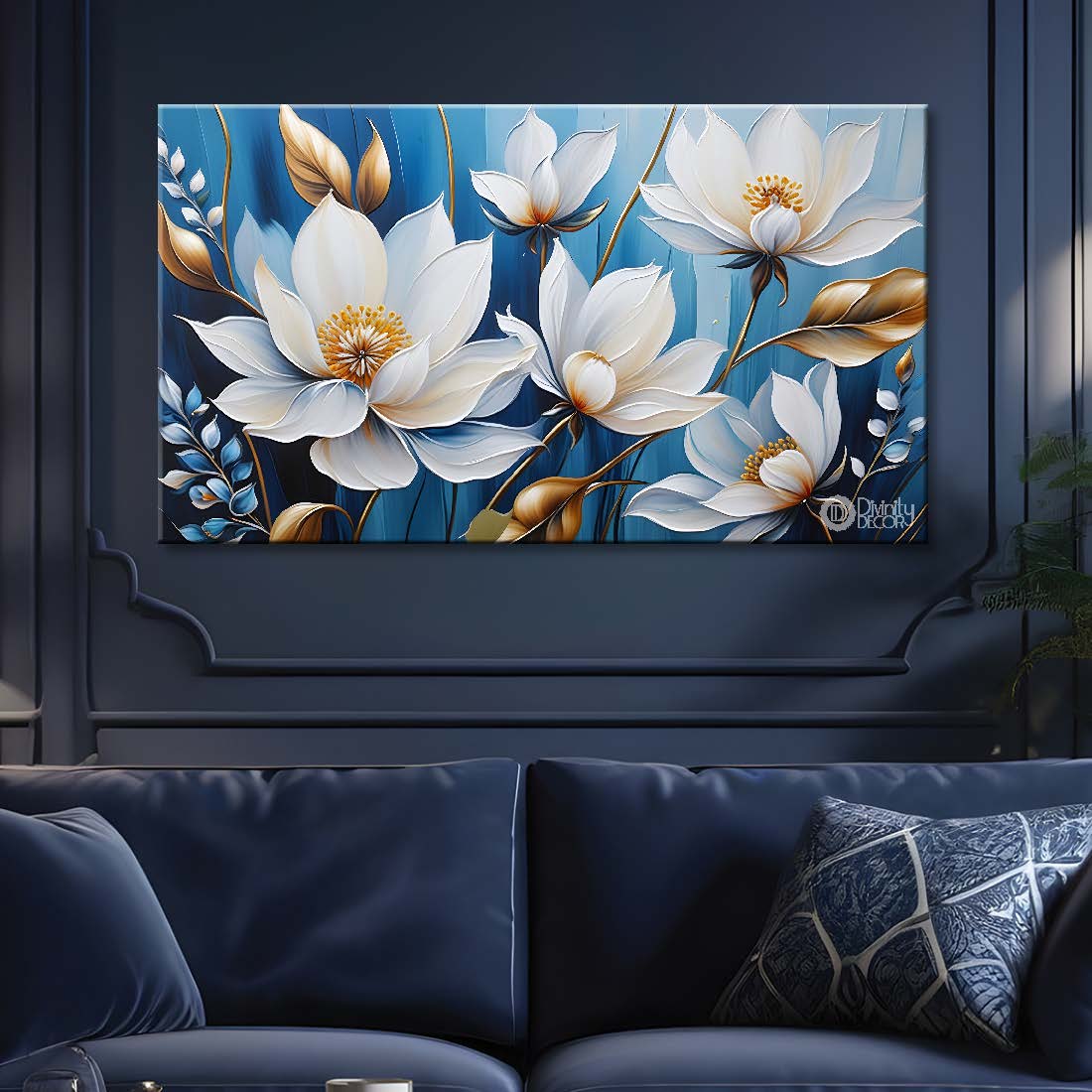 White flowers in blue background canvas painting- Flower-388