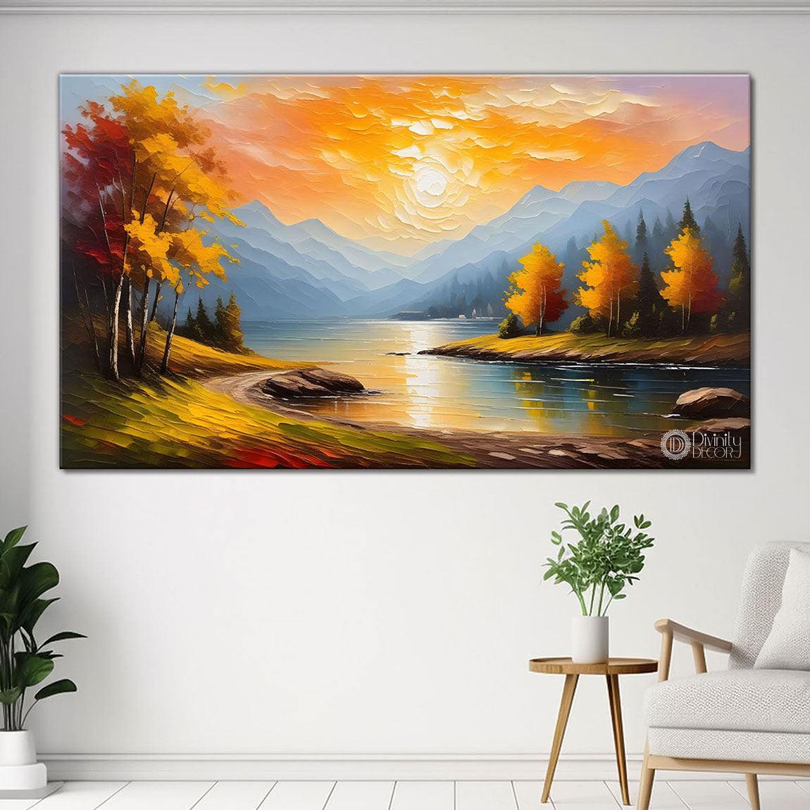 Trees with mountains and river painting Canvas Painting - Nature Art -389