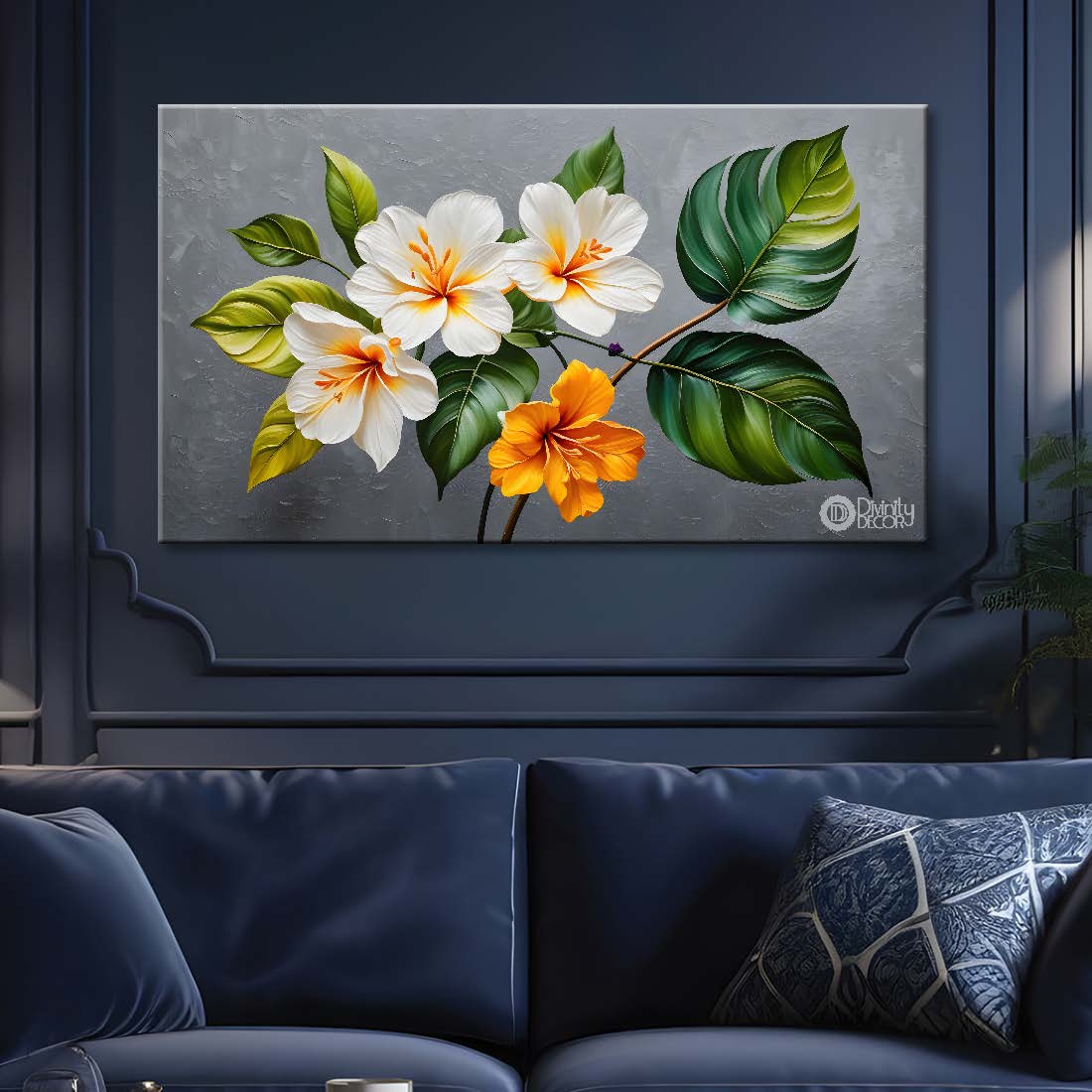 White and orange flowers in grey background canvas painting- Flower-389