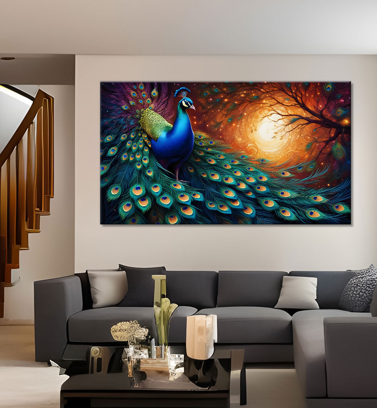 Peacock with sun in background oil painting Canvas Painting - Design - Peacock-38
