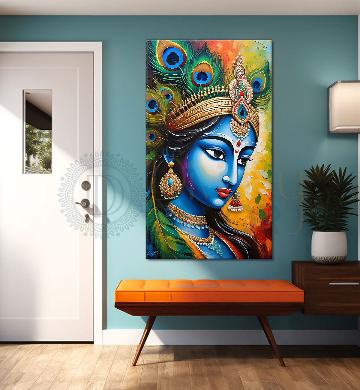 Blue face of krishna in peacock feathers background textured art Canvas Painting - Design - Krishna-V-38