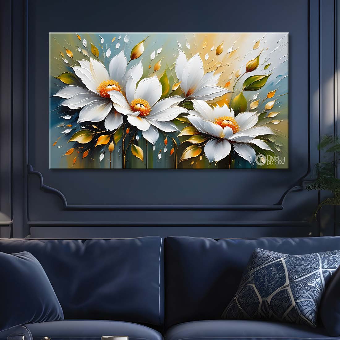 White flowers in grey background canvas painting- Flower-390