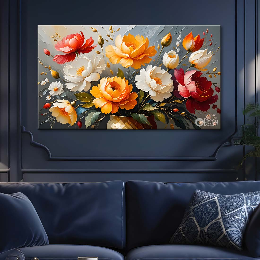 Colorful flowers in grey background canvas painting- Flower-391