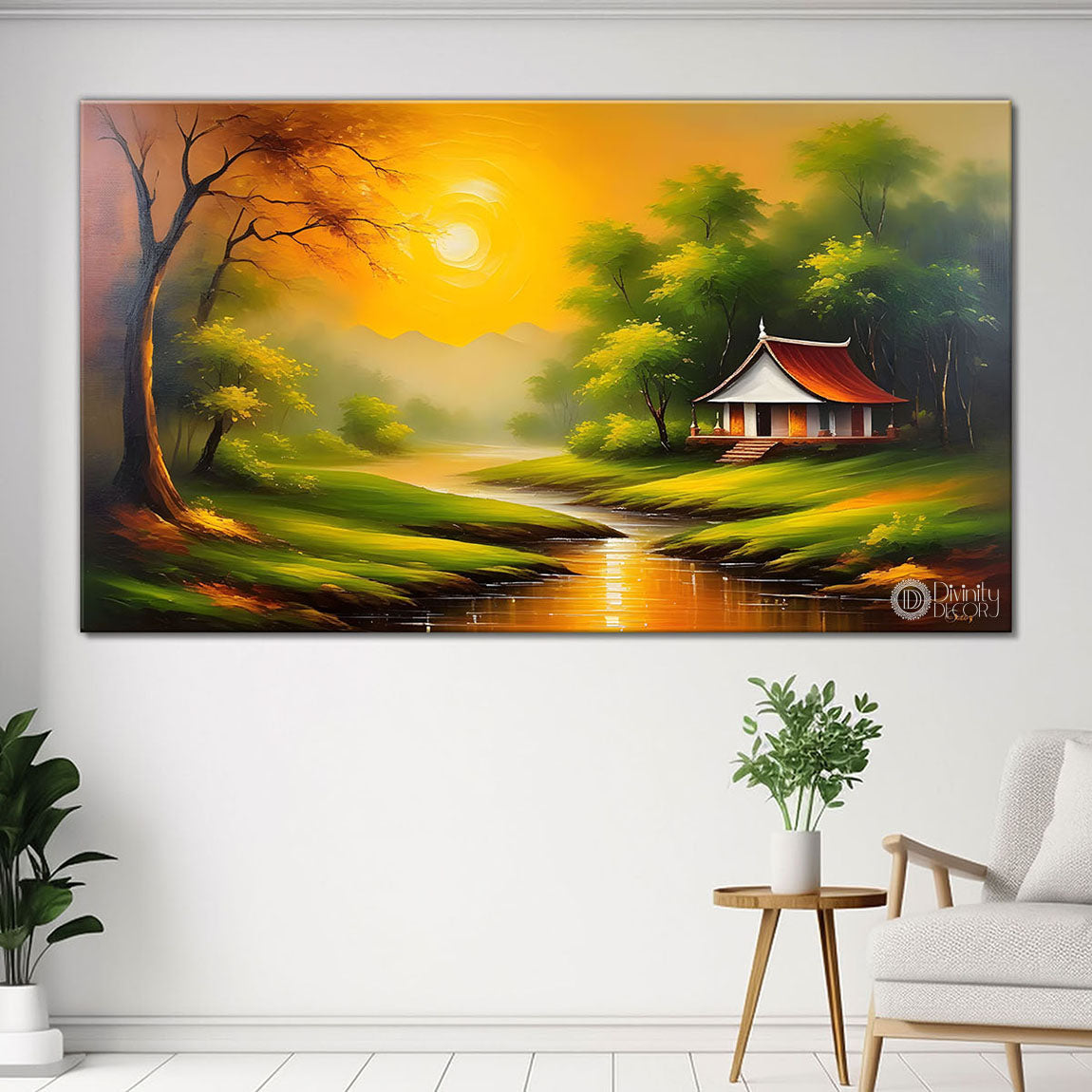 Trees with house textured painting Canvas Painting - Nature Art -391