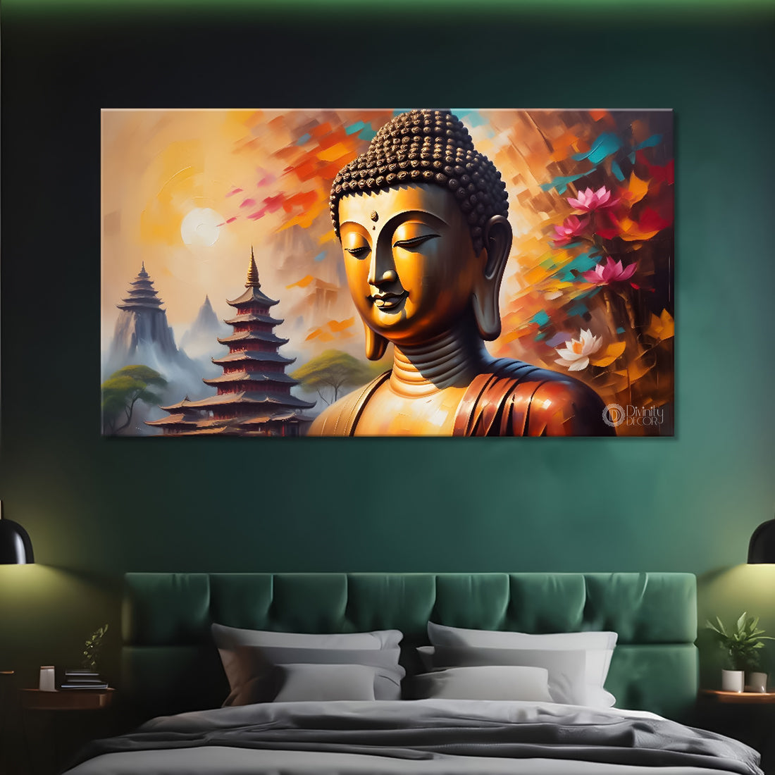 Golden buddha with temple textured painting Canvas Wall Painting - Buddha-392