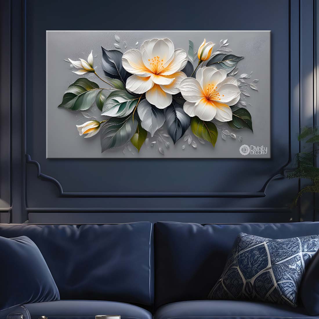 White flowers in grey background canvas painting- Flower-392