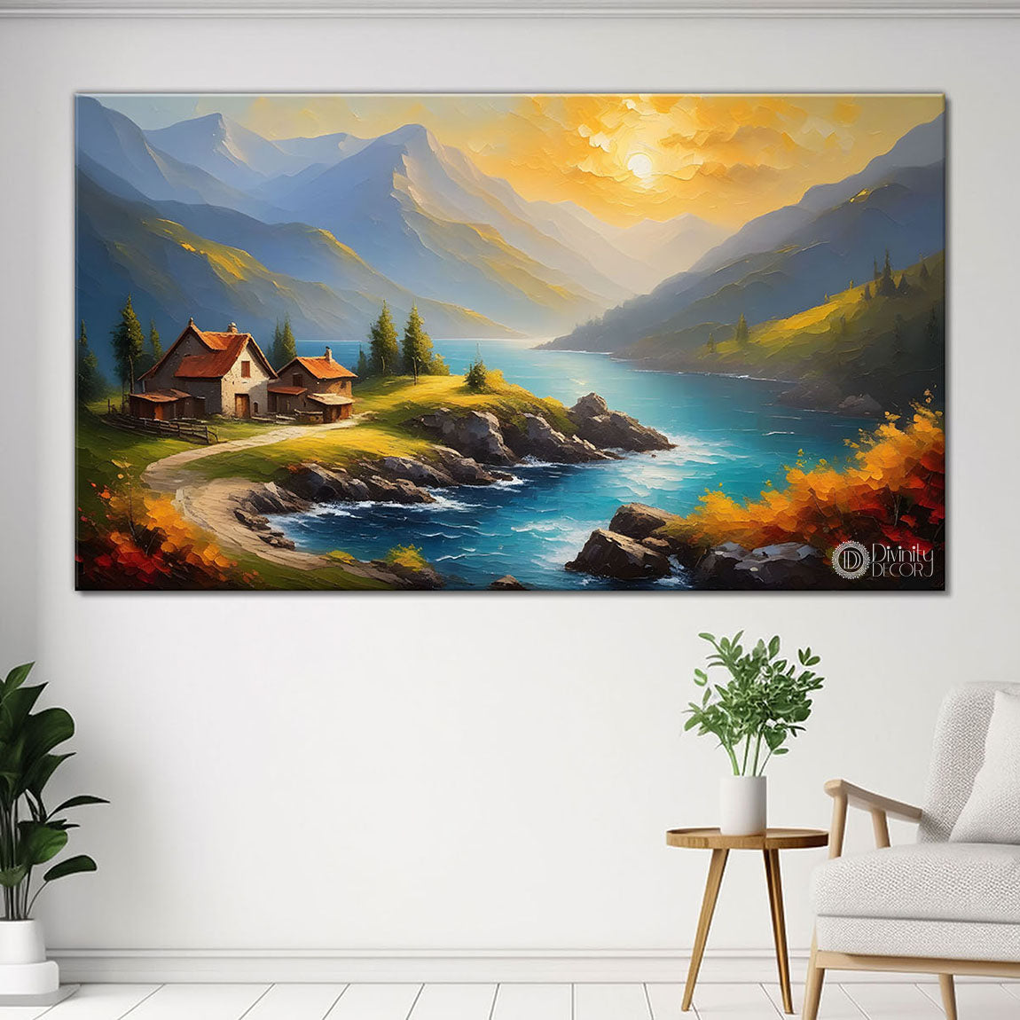 Mountains with river and sunset painting Canvas Painting - Nature Art -392