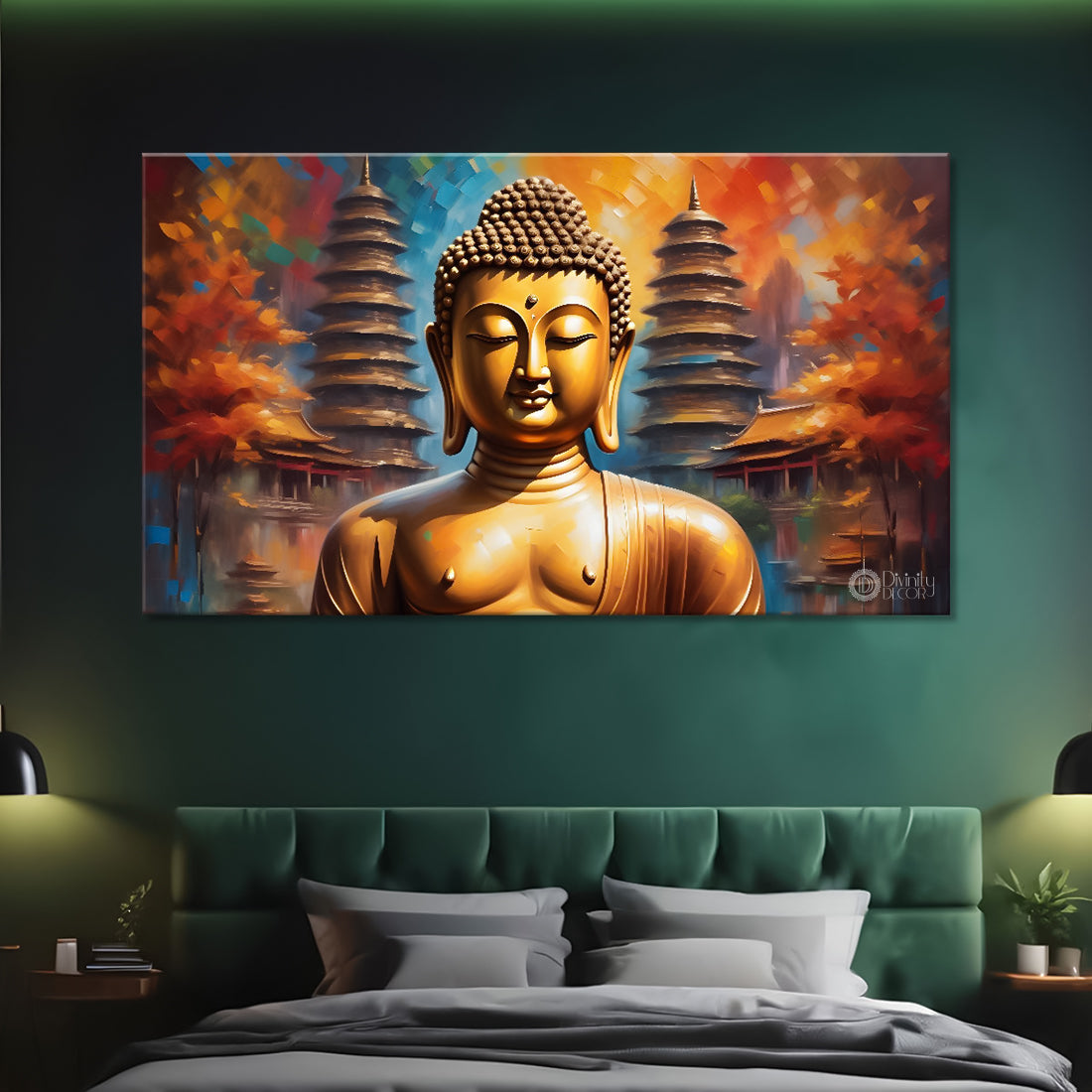 Golden buddha with temple textured painting Canvas Wall Painting - Buddha-393