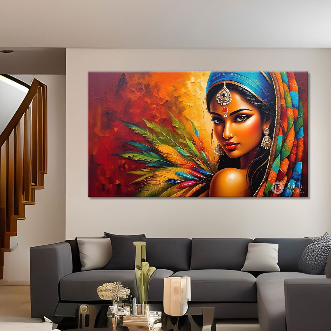 Tribal lady with bright background textured art Canvas Painting - Design - Modern-L-393