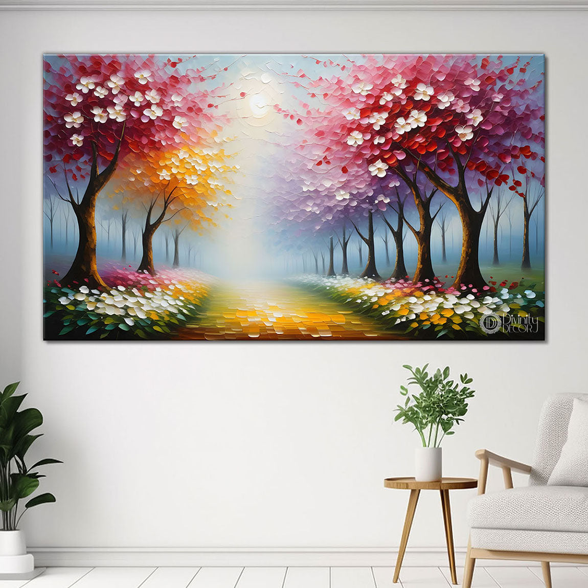 Pink trees with sun painting Canvas Painting - Nature Art -393