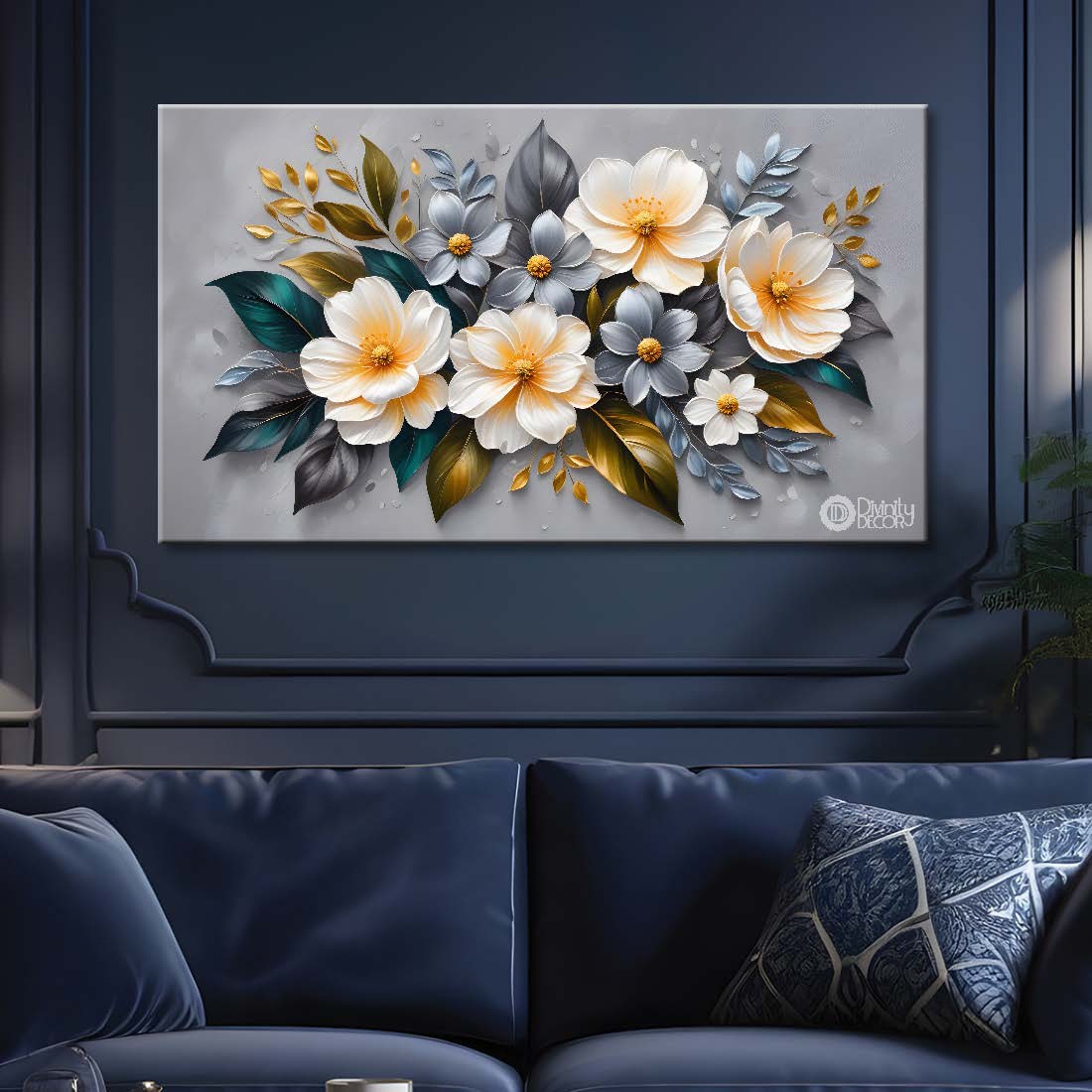 White flowers in grey background canvas painting- Flower-393