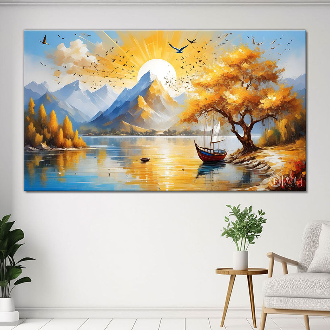 Mountains with golden trees and river painting Canvas Painting - Nature Art -394