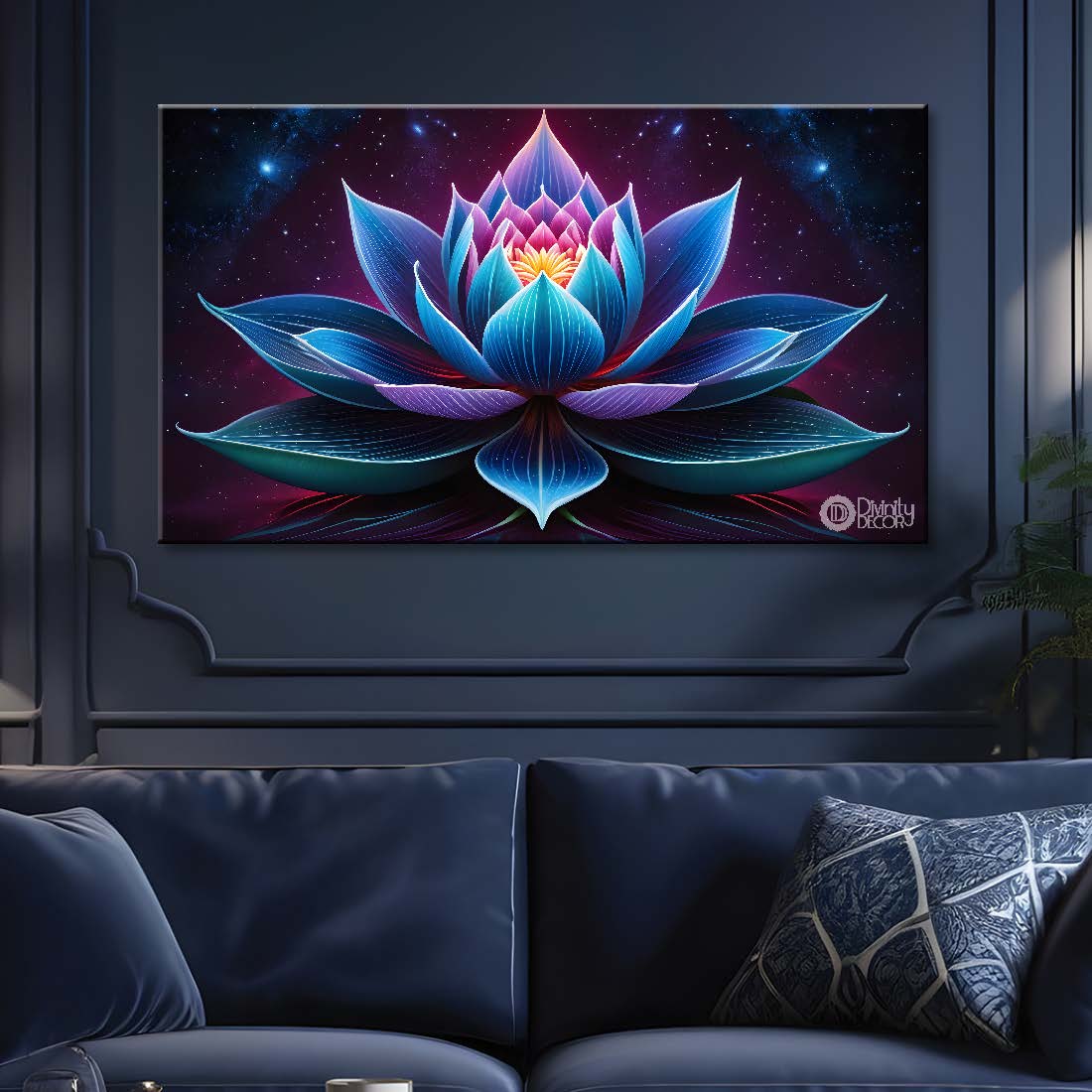 Pink flower in blue and black background canvas painting- Flower-394