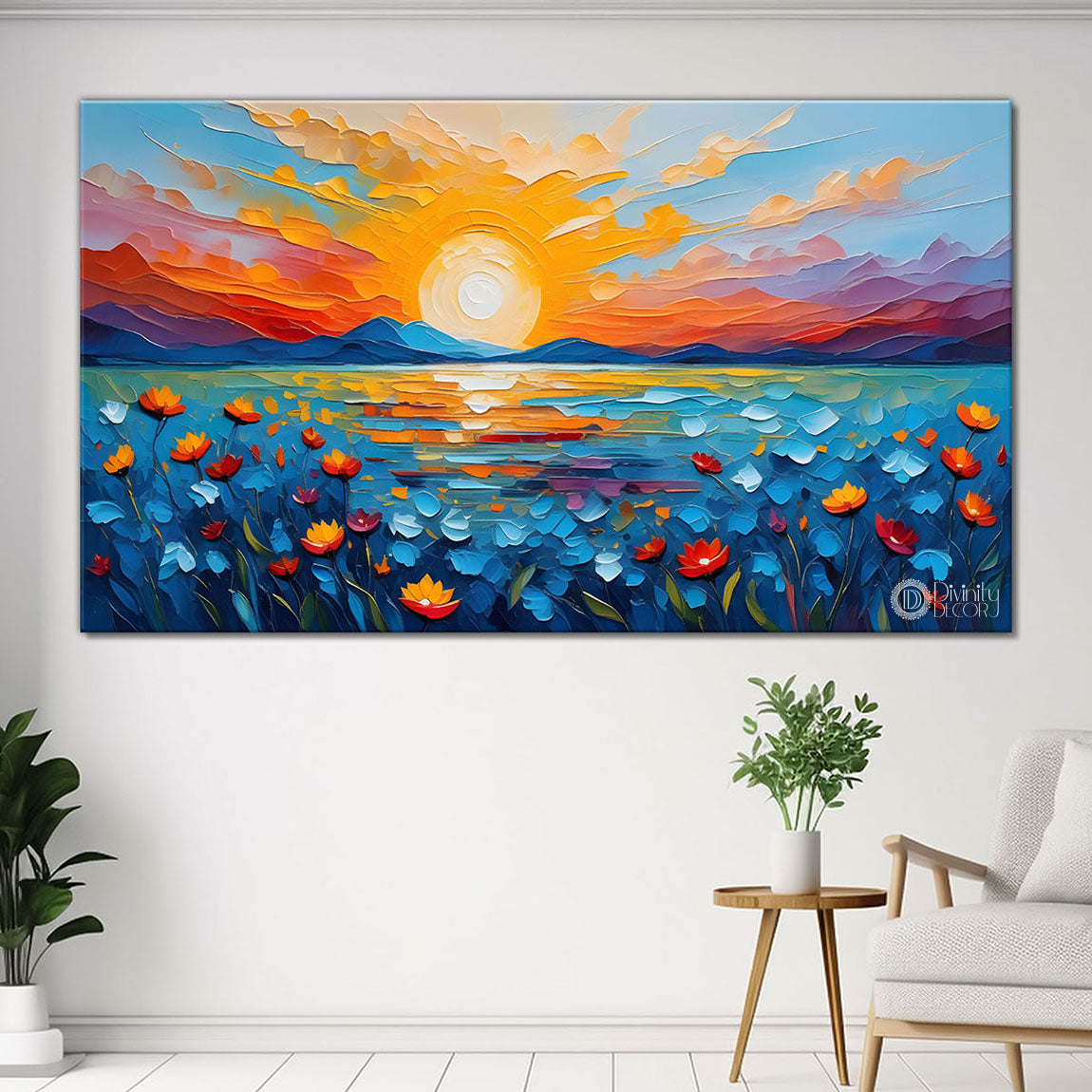 Mountains with flowers and sunset painting Canvas Painting - Nature Art -395