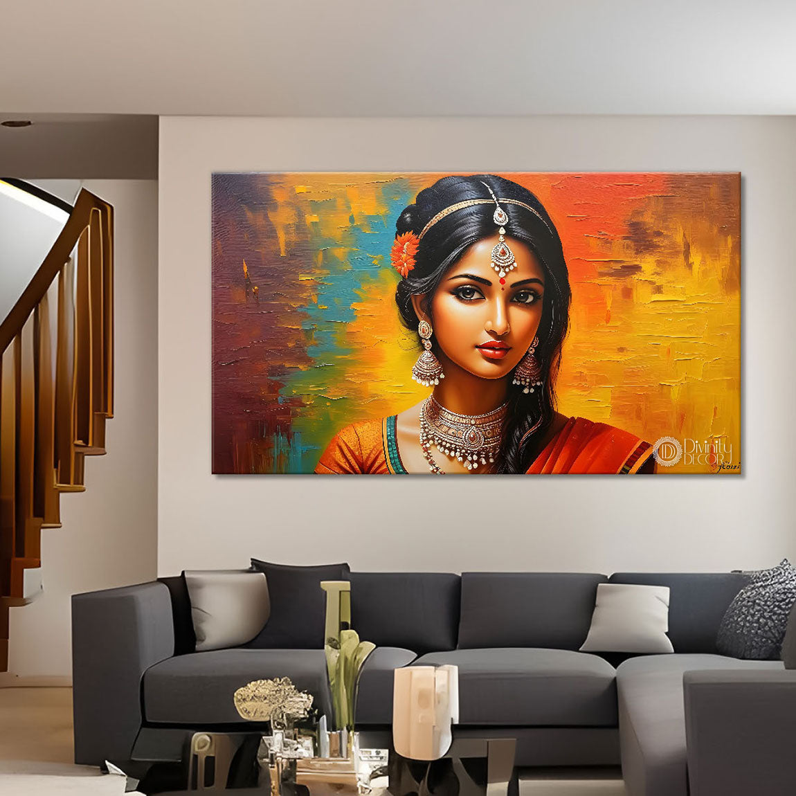 Beautiful woman with colorful background modern art Canvas Painting - Design - Modern-L-395
