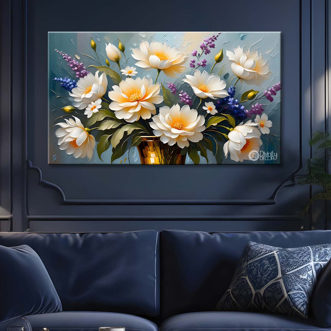 White flowers in blue background canvas painting- Flower-395