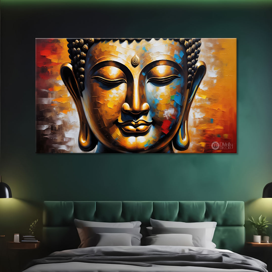 Golden buddha with colorful textured background painting Canvas Wall Painting - Buddha-396