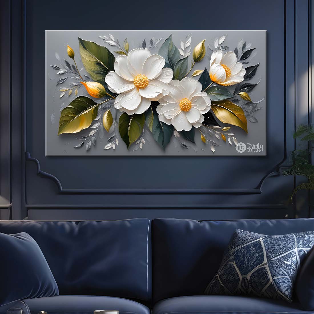 White flowers in grey background canvas painting- Flower-396