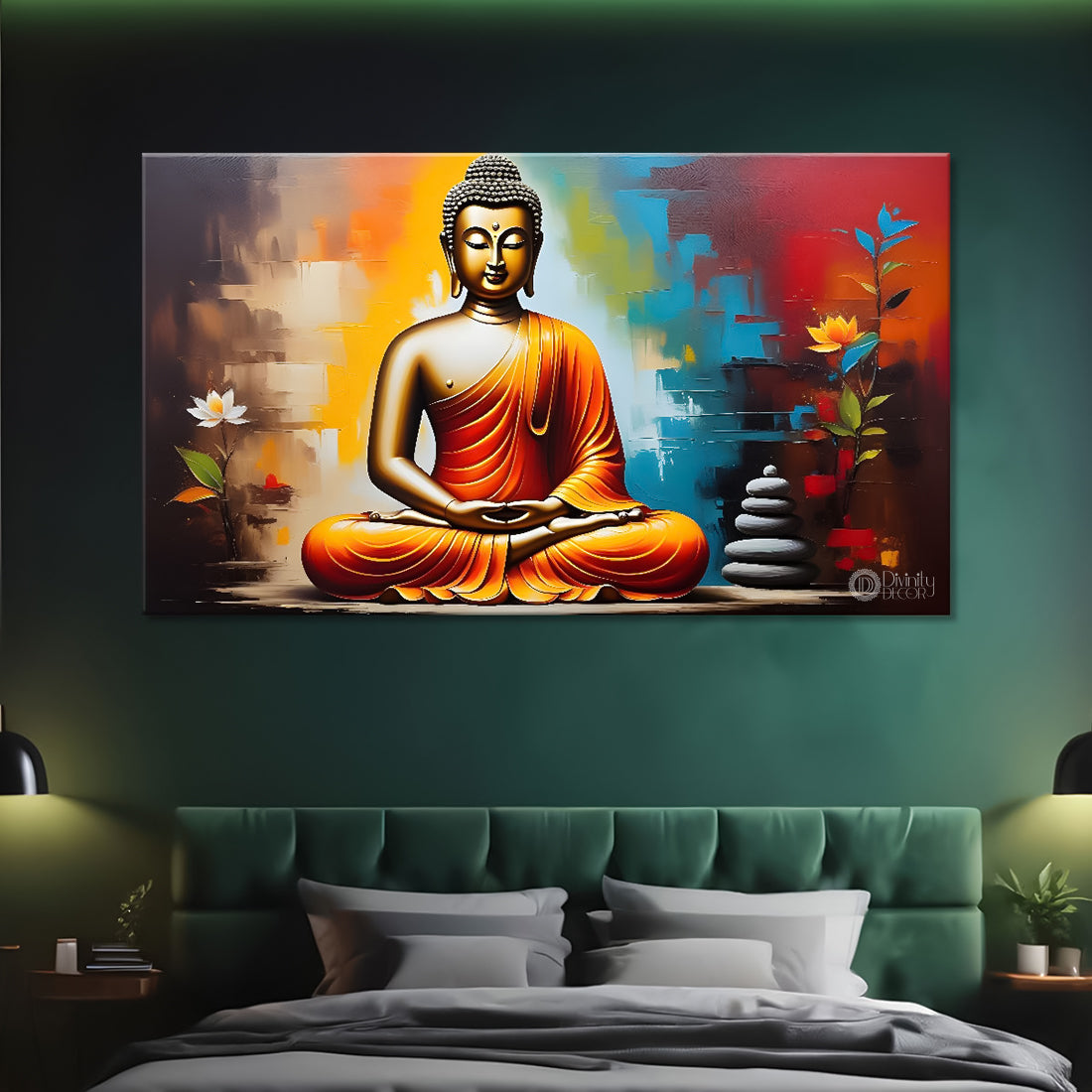 Golden buddha with colorful textured background painting Canvas Wall Painting - Buddha-397