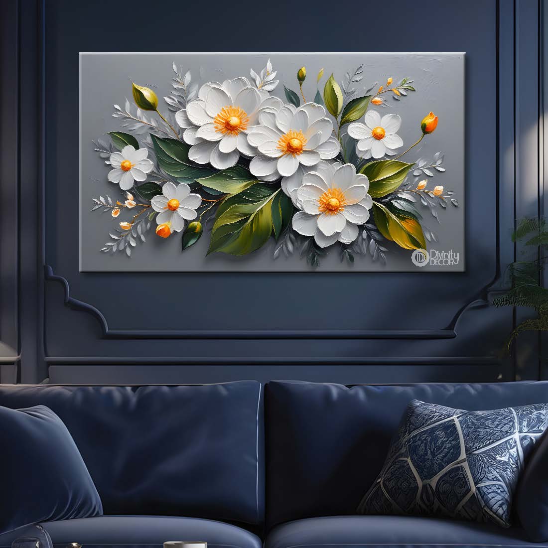White flowers in grey background canvas painting- Flower-397