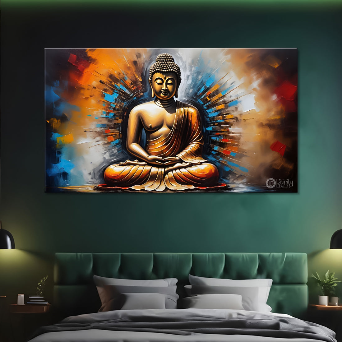 Golden buddha with colorful textured background painting Canvas Wall Painting - Buddha-398