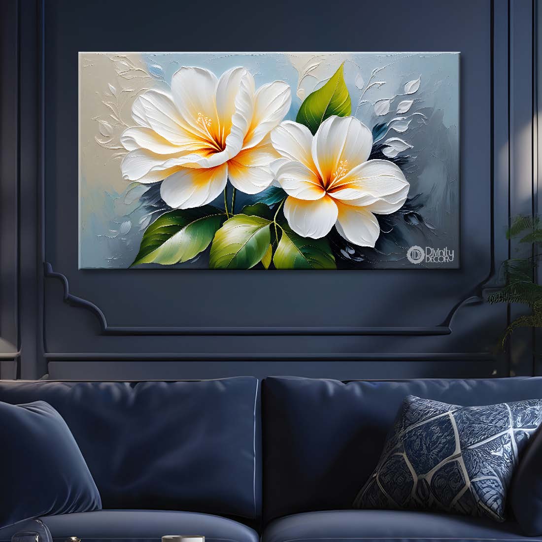 White flowers in blue background canvas painting- Flower-399