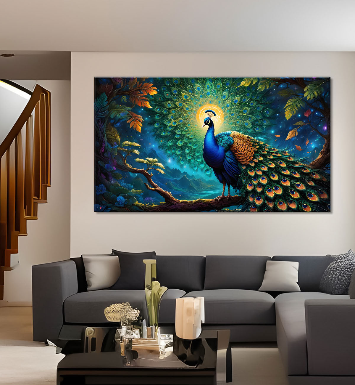 Peacock in bright green colors oil painting Canvas Painting - Design - Peacock-39