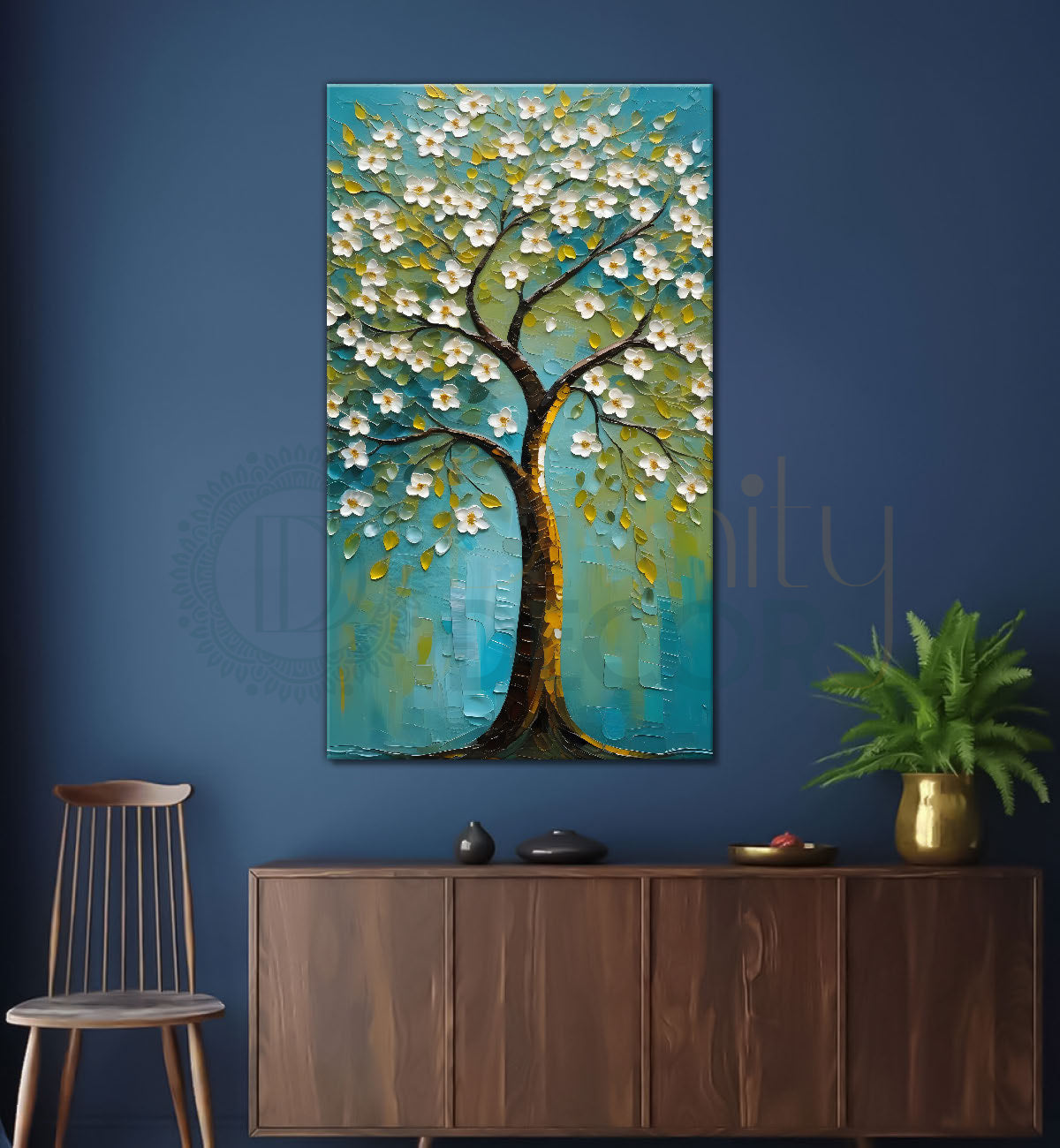 White flowers tree in textured oil painting Canvas painting - Tree-V-39