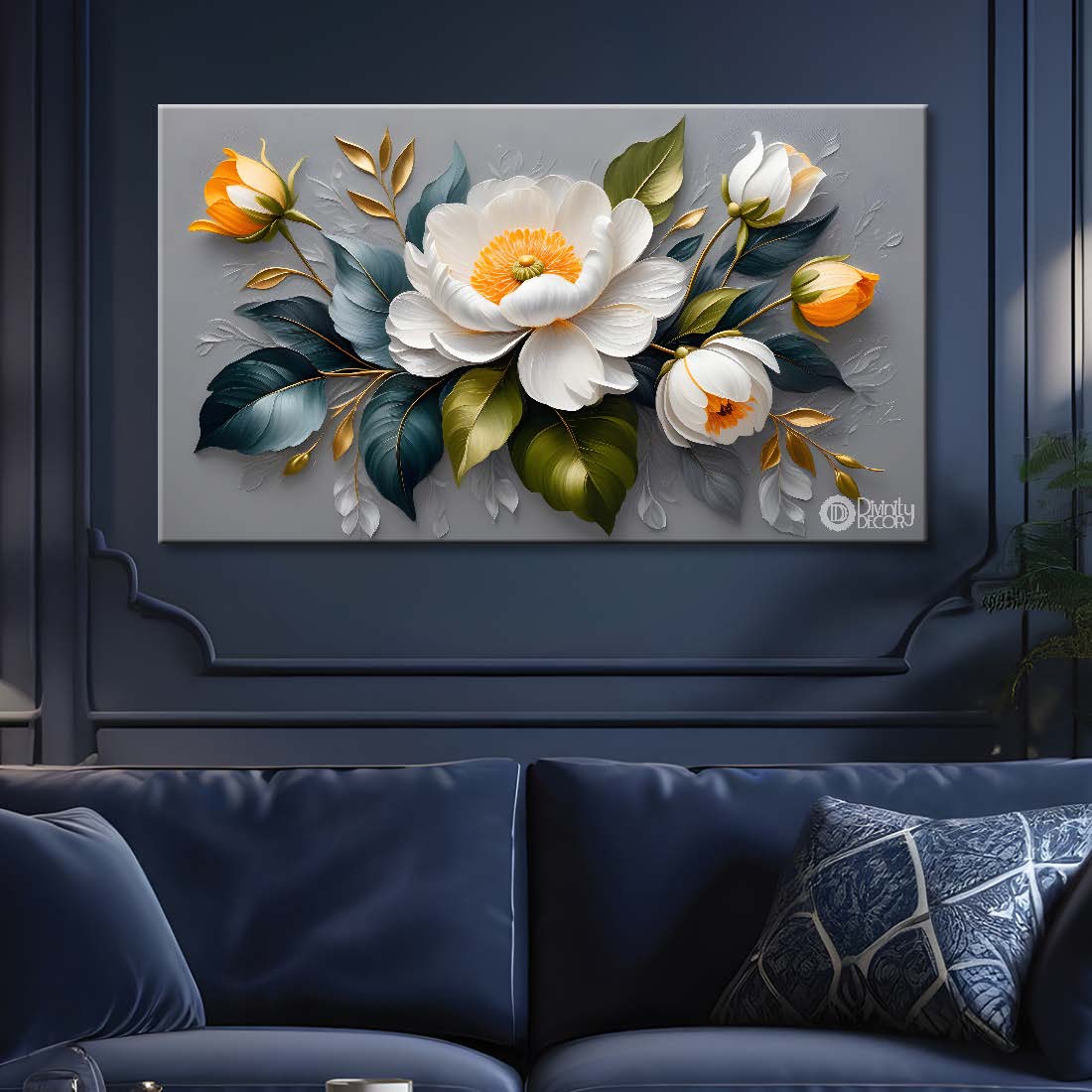 White flowers in grey background canvas painting- Flower-400
