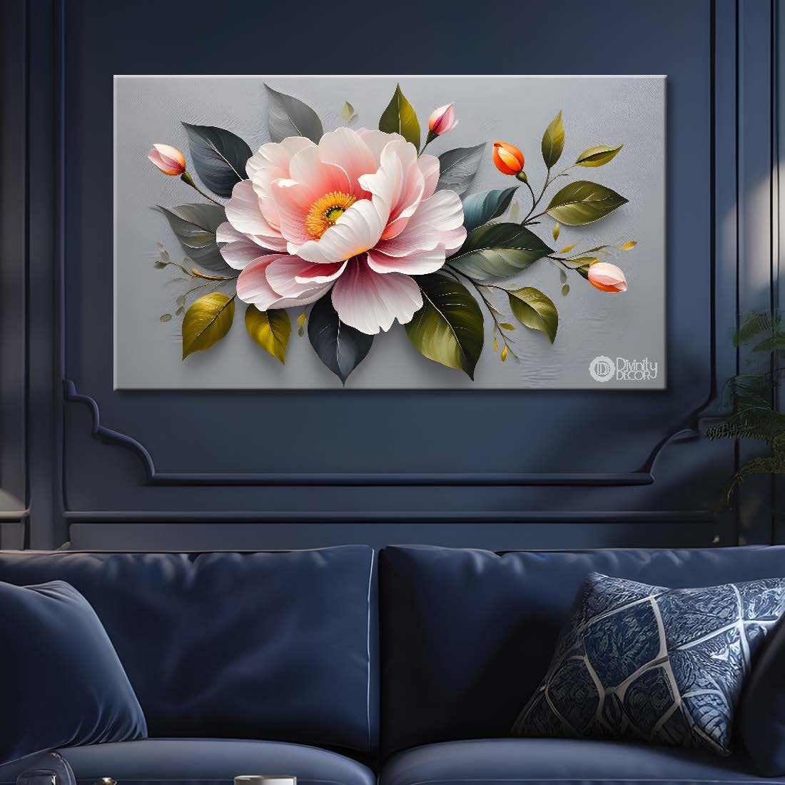 Pink flowers in grey background canvas painting- Flower-402
