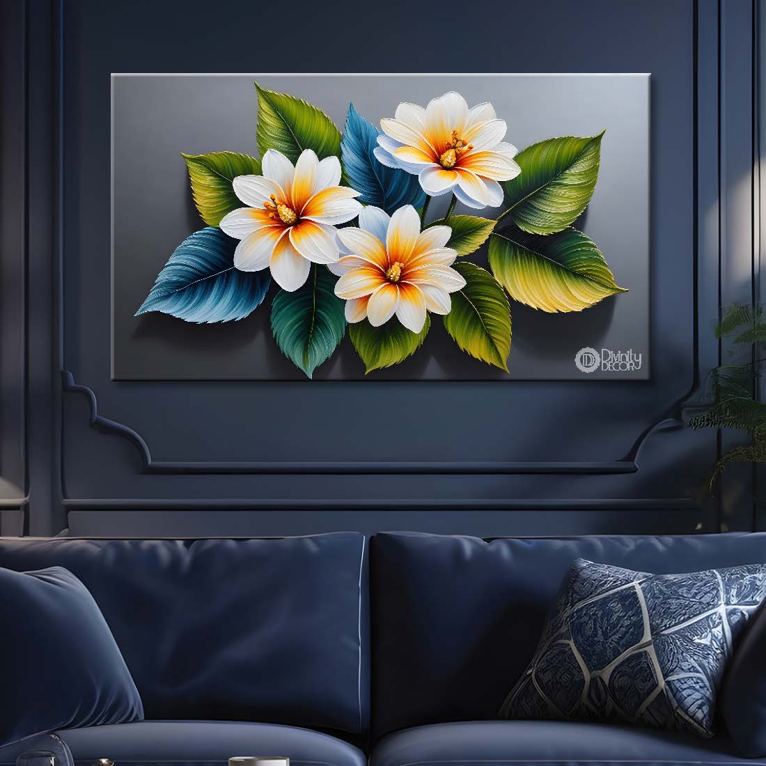 White flower in grey background canvas painting- Flower-403
