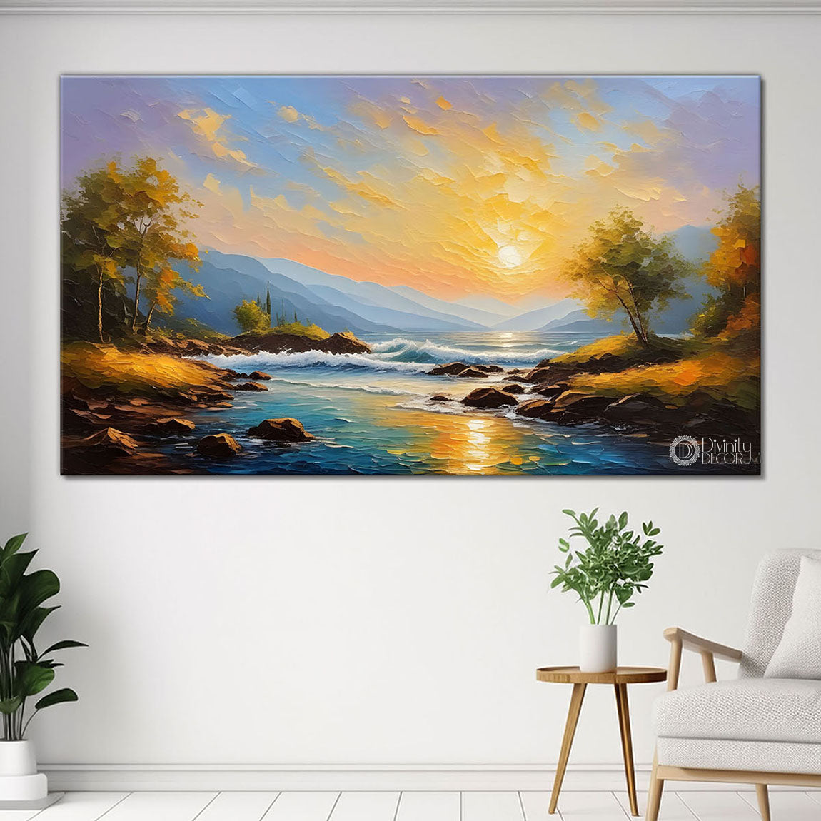 Mountains with river and sunrise painting Canvas Painting - Nature Art -404