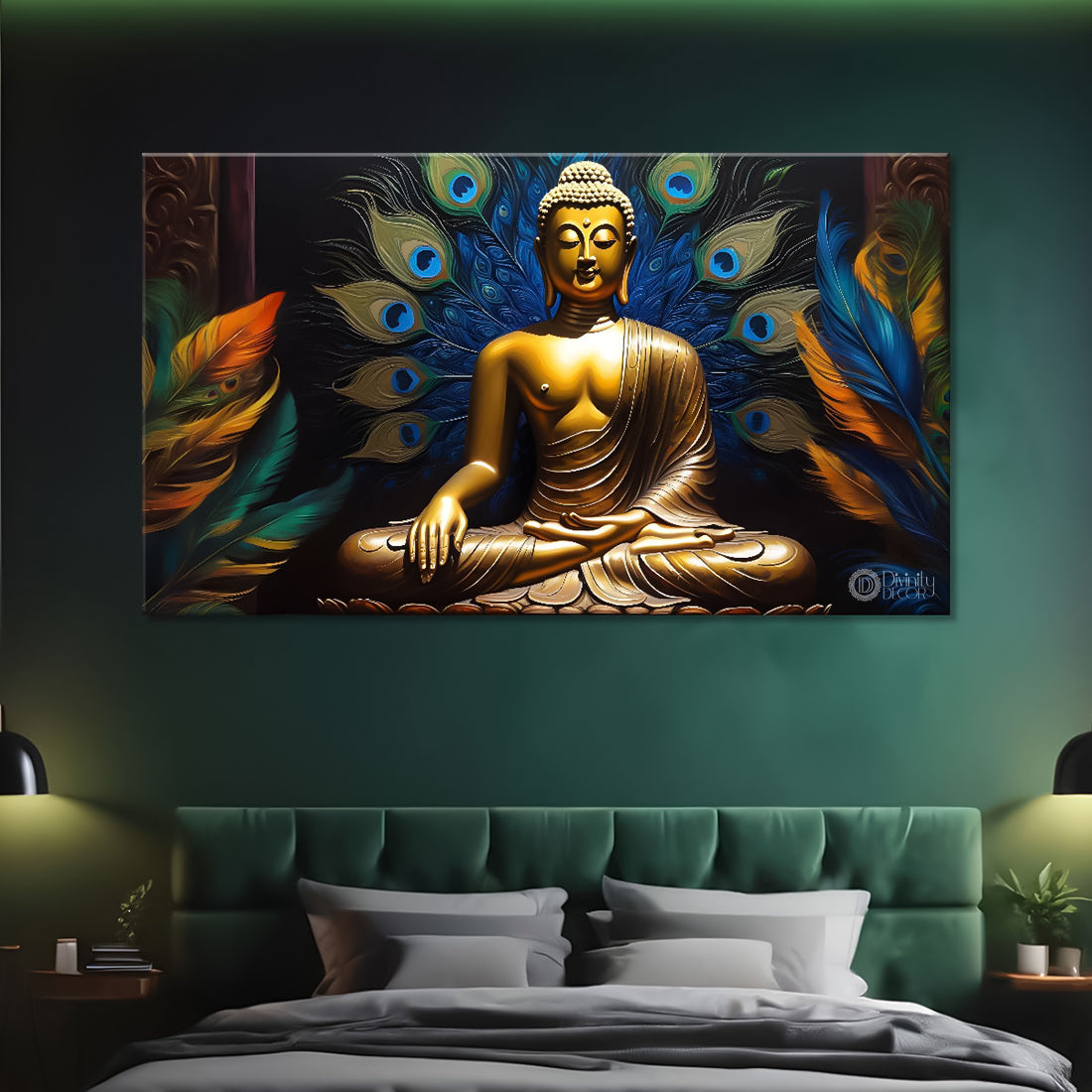 Golden buddha with dark and peacock feathers background textured painting Canvas Wall Painting - Buddha-405