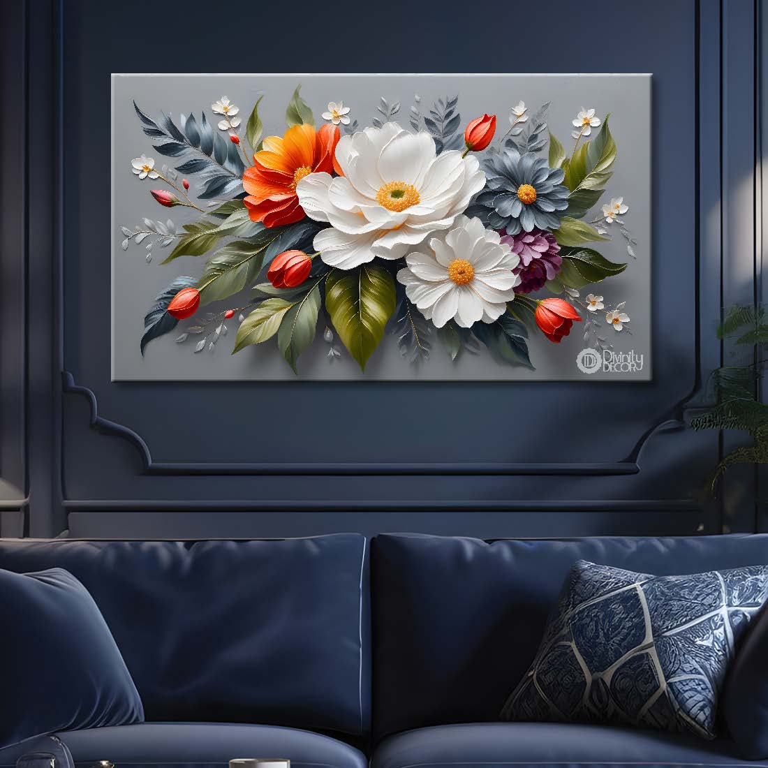 Colorful flowers in grey background canvas painting- Flower-405