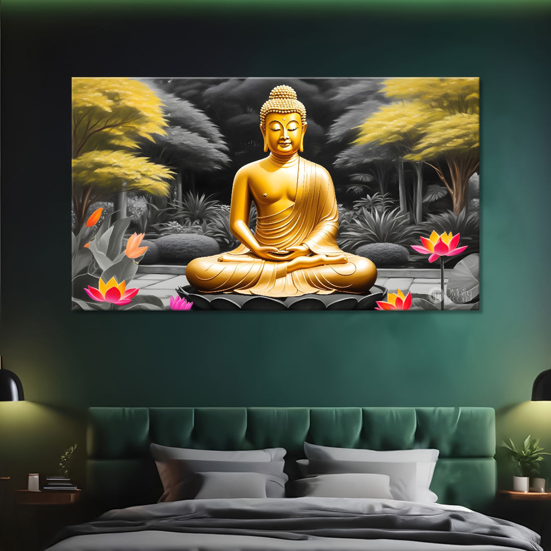 Golden buddha with grey and yellow trees background textured painting Canvas Wall Painting - Buddha-406
