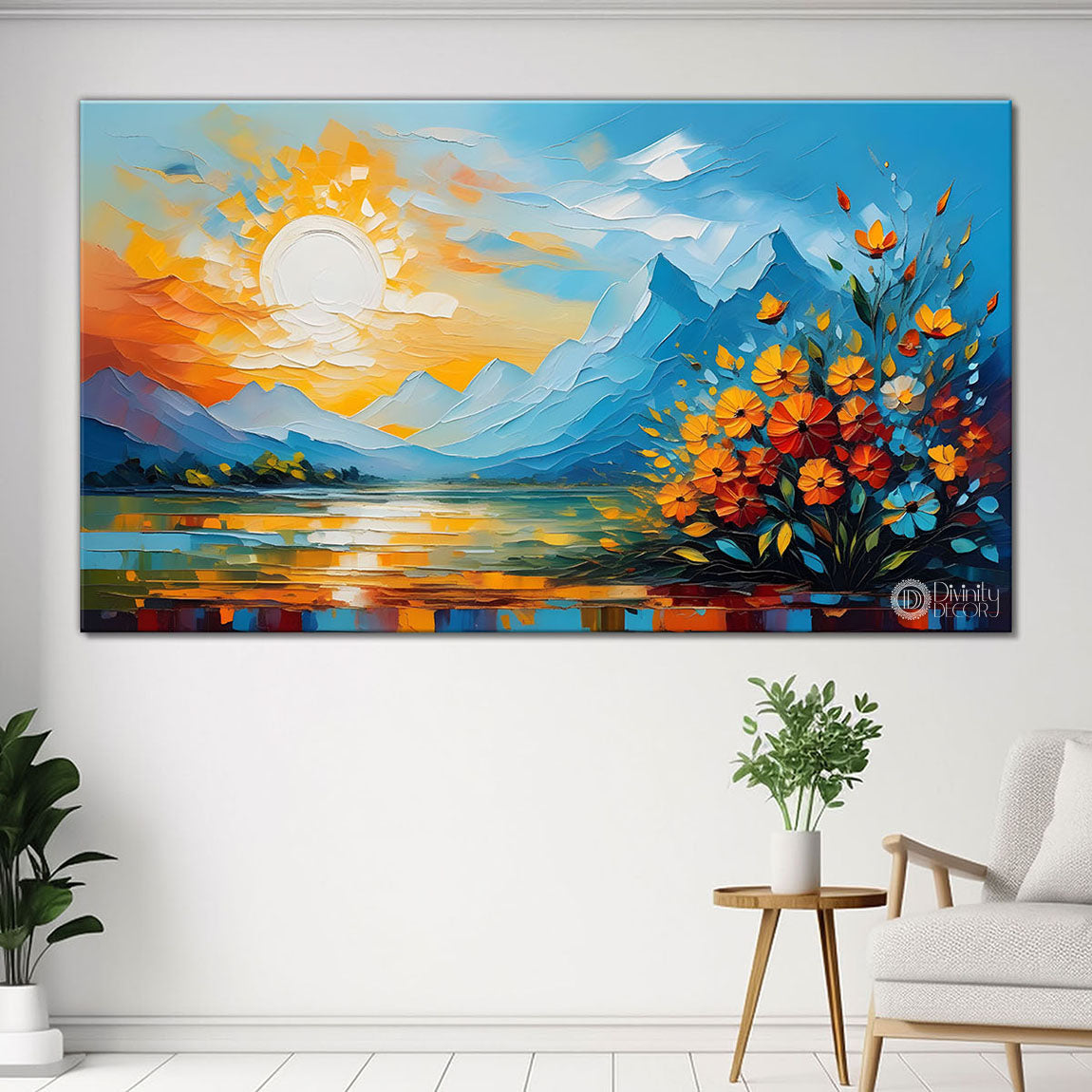 Mountains with flowers and sunset painting Canvas Painting - Nature Art -406