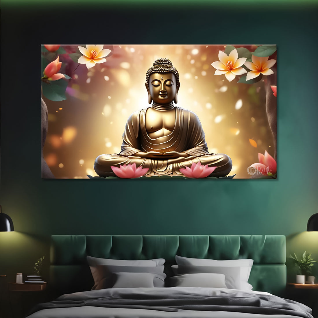 Golden buddha with golden and lotus background textured painting Canvas Wall Painting - Buddha-407