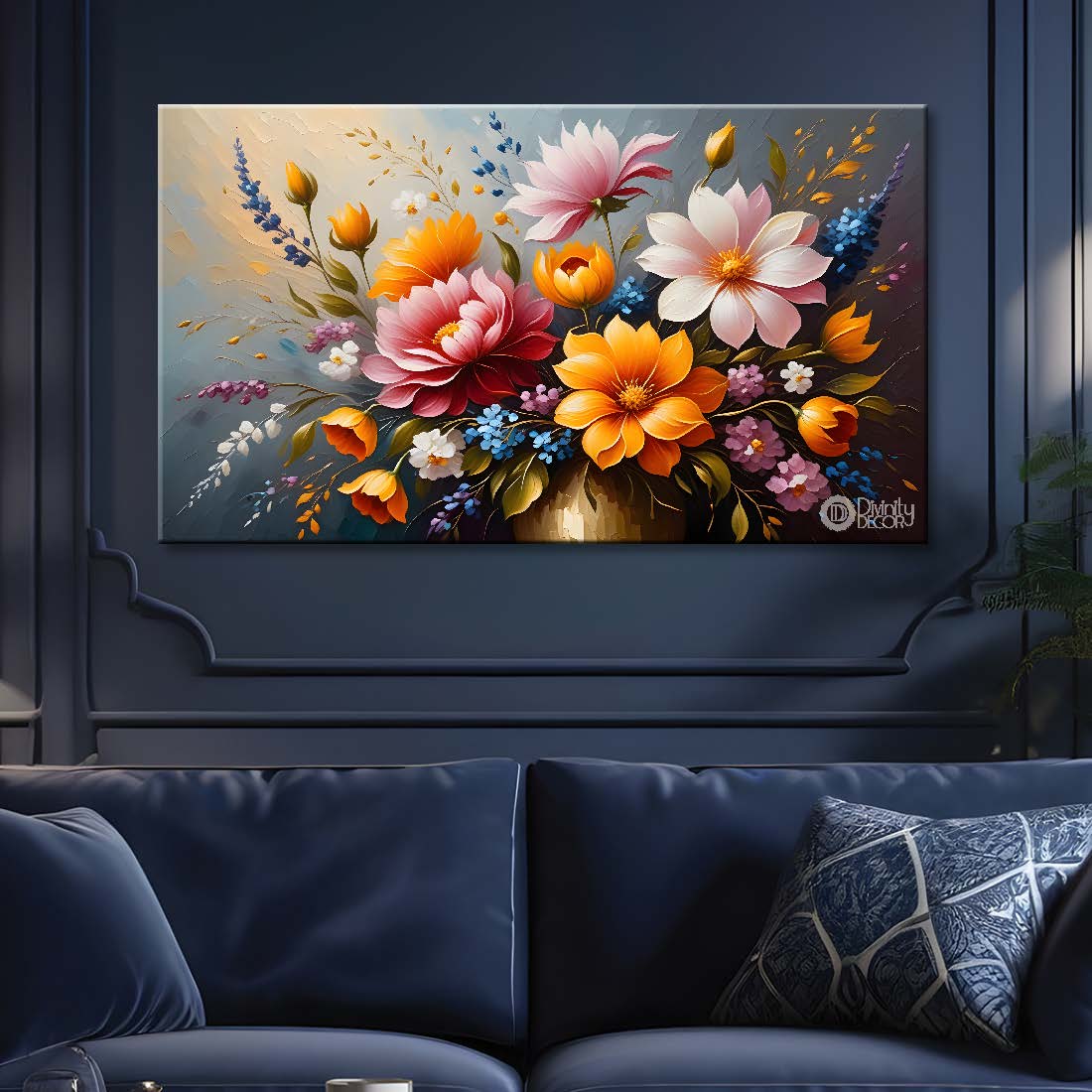 Colorful flowers in grey background canvas painting- Flower-407