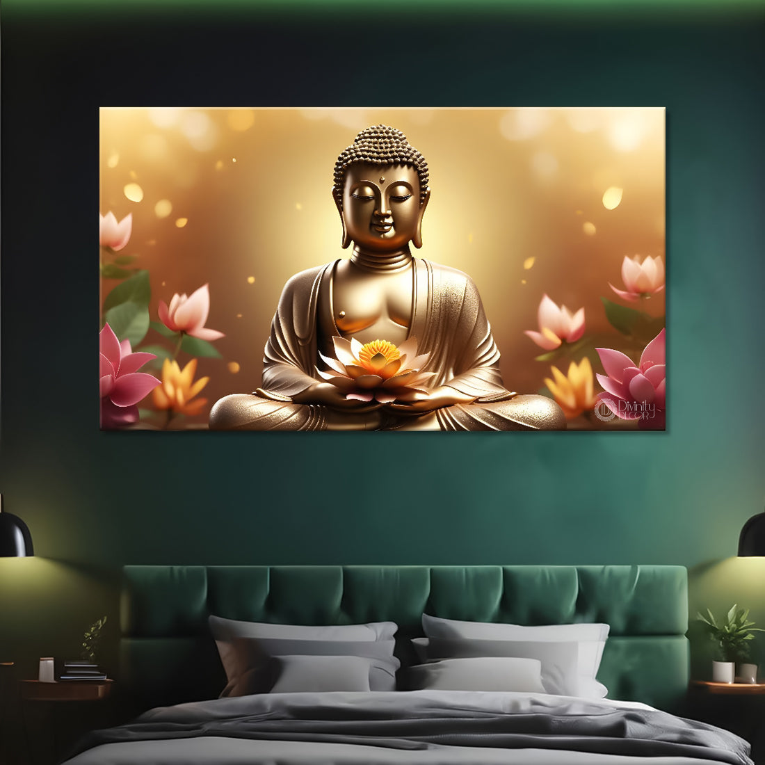 Golden buddha with golden and lotus background textured painting Canvas Wall Painting - Buddha-408