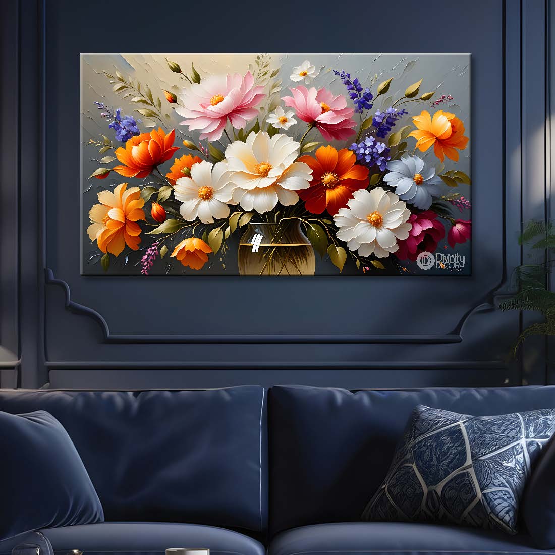Colorful flowers in grey background canvas painting- Flower-408