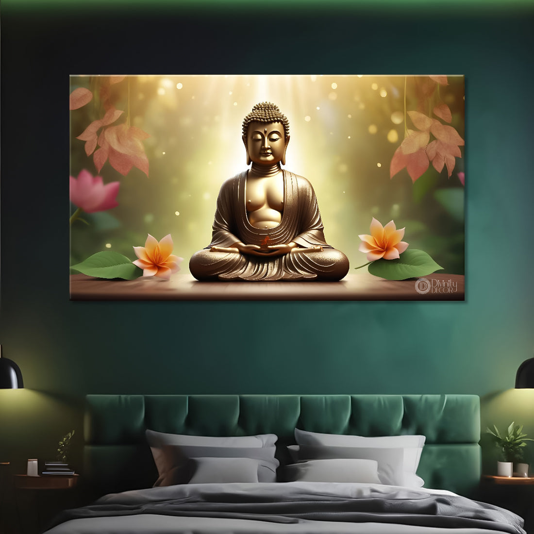 Golden buddha with golden and lotus background textured painting Canvas Wall Painting - Buddha-409