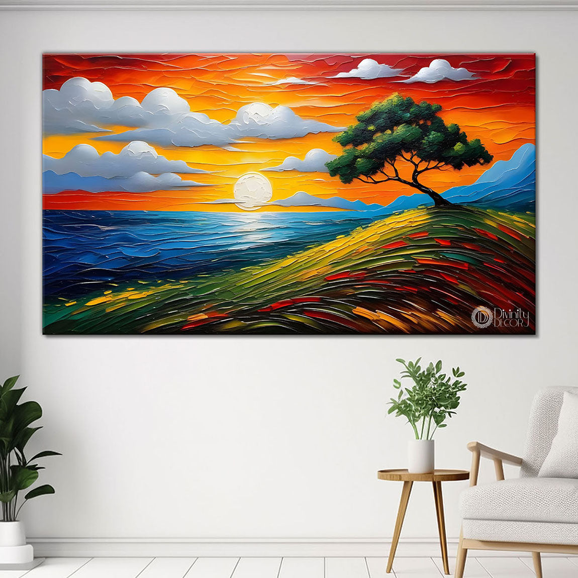Sunset with mountains and tree painting Canvas Painting - Nature Art -409