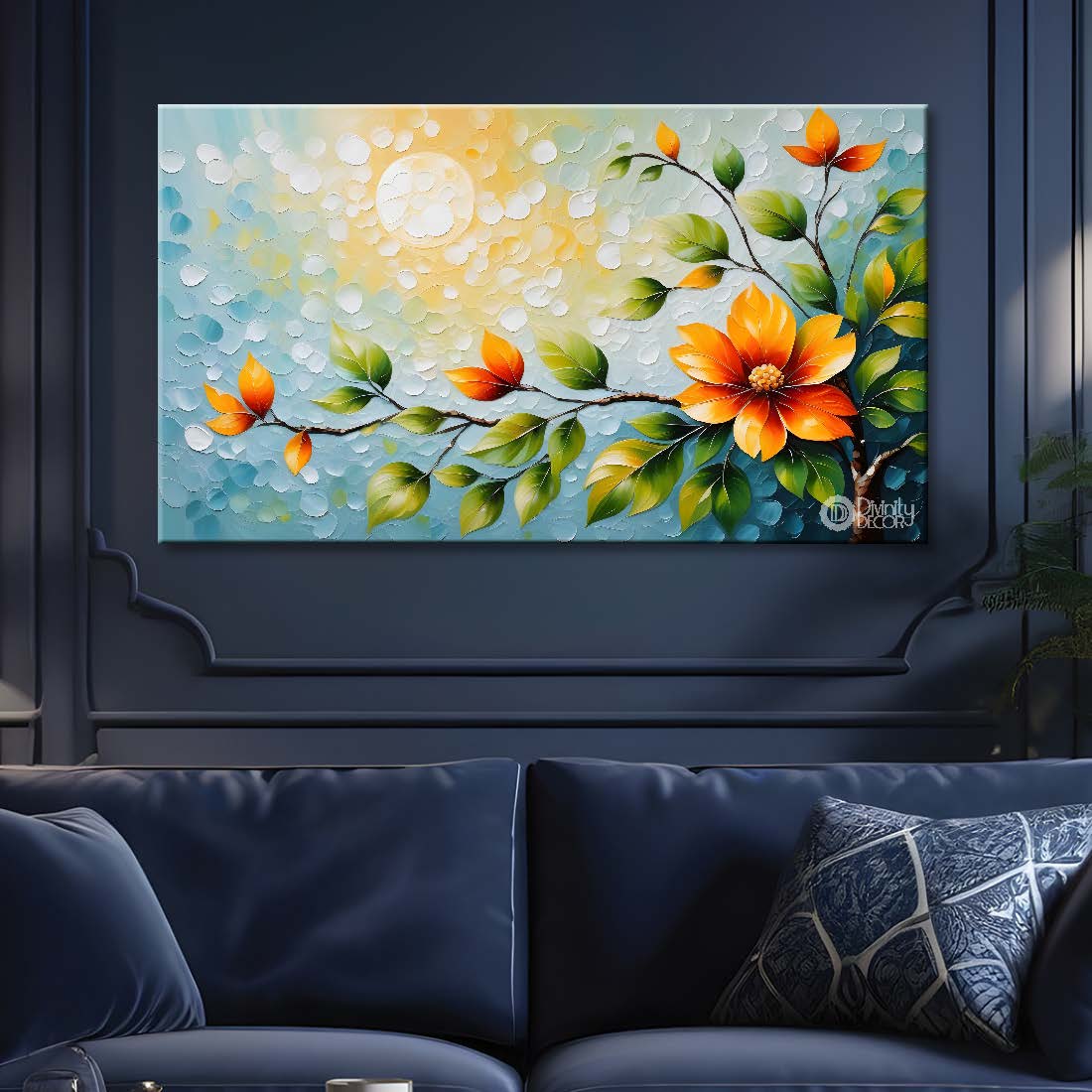 Yellow flowers in blue background canvas painting- Flower-409
